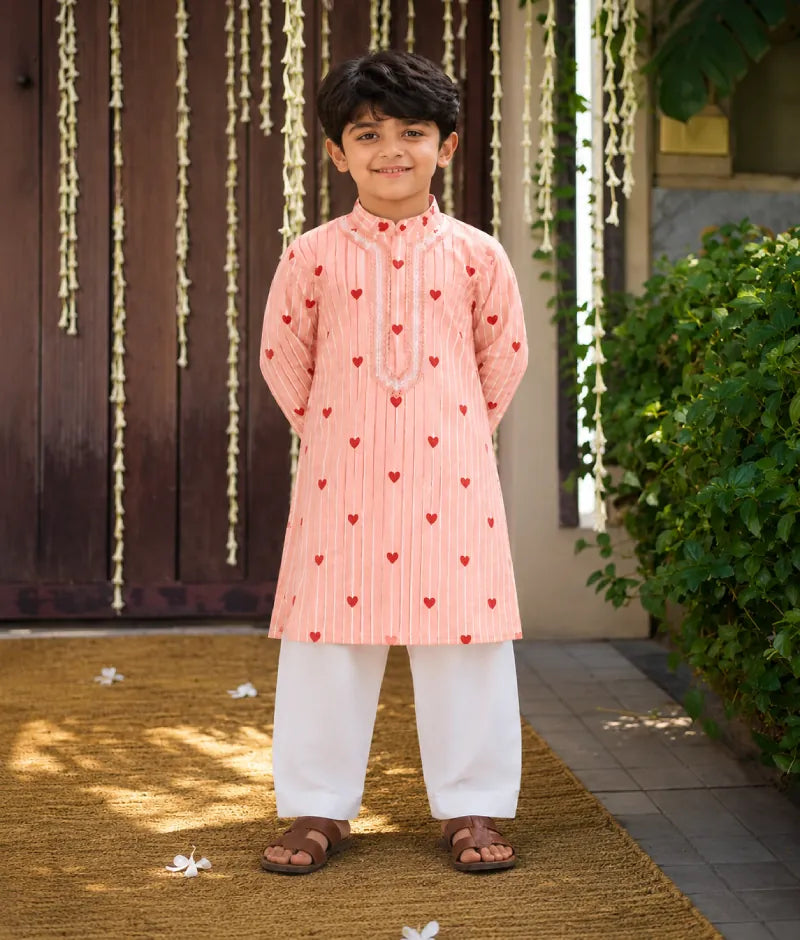 Pret Peach Hearts & Stripe Printed Kurta with Salwar