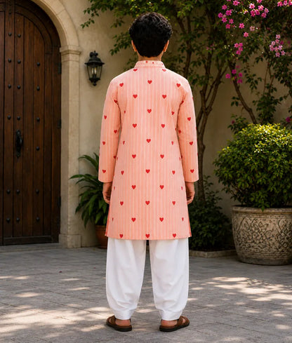Peach Hearts & Stripe Printed Kurta with Salwar - Pret Peach Hearts & Stripe Printed Kurta with Salwar