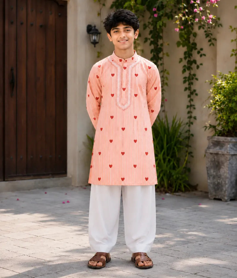 Pret Peach Hearts & Stripe Printed Kurta with Salwar