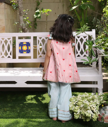 Pret Peach Hearts & Stripe Printed Kurti with Blue Farshi Salwar