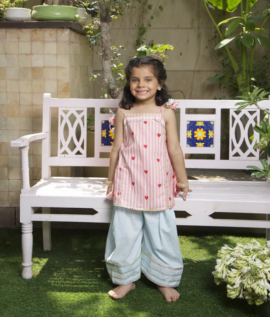 Pret Peach Hearts & Stripe Printed Kurti with Blue Farshi Salwar