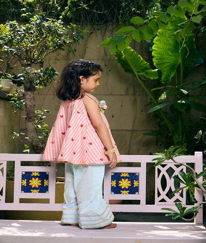 Pret Peach Hearts & Stripe Printed Kurti with Blue Farshi Salwar