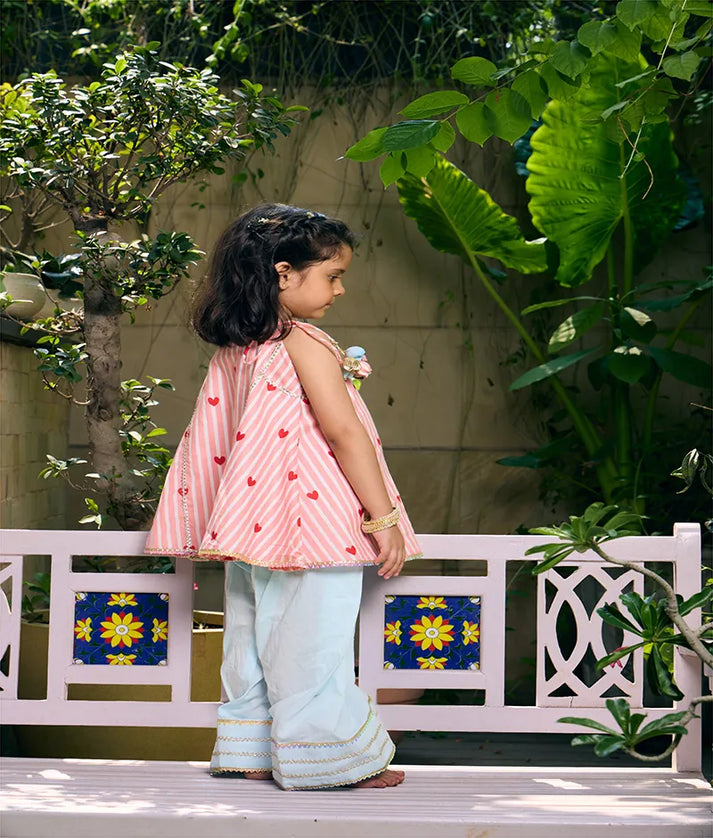 Pret Peach Hearts & Stripe Printed Kurti with Blue Farshi Salwar