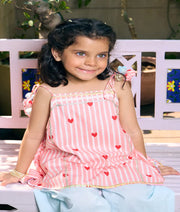 Pret Peach Hearts & Stripe Printed Kurti with Blue Farshi Salwar