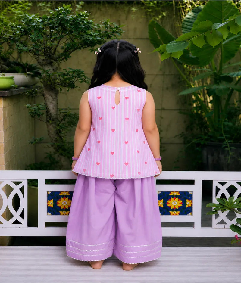 Pret Peach Hearts & Stripe Printed Kurti with Lilac Farshi Salwar