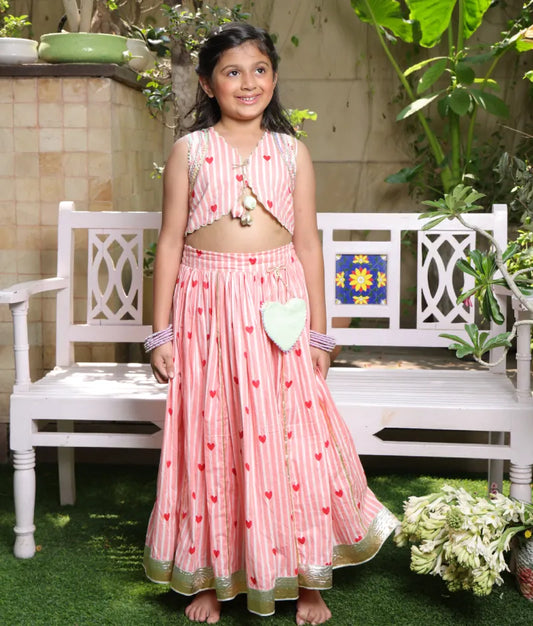 Pret Peach Hearts & Stripe Printed Lehenga Set