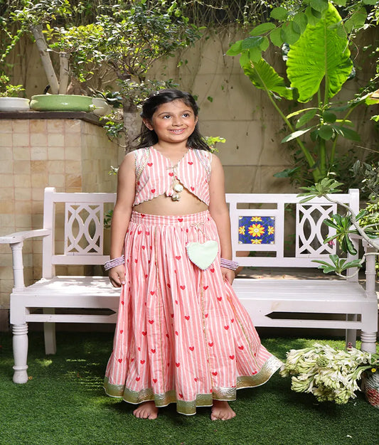 Pret Peach Hearts & Stripe Printed Lehenga Set