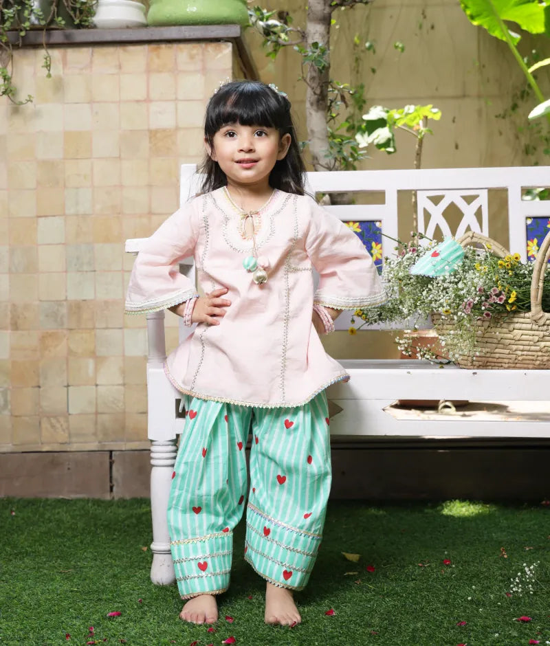 Pret Peach Kurti with Hearts Printed Farshi Salwar
