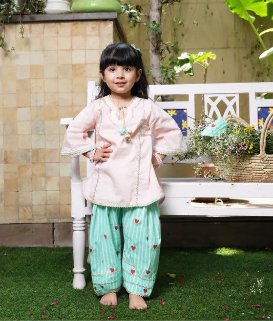 Pret Peach Kurti with Hearts Printed Farshi Salwar