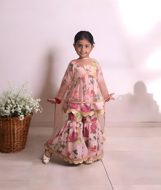 Pret Peach Printed Kurti with Sharara