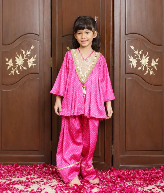 Pink Bandhej Kurti with Salwar - Pret Pink Bandhej Kurti with Salwar