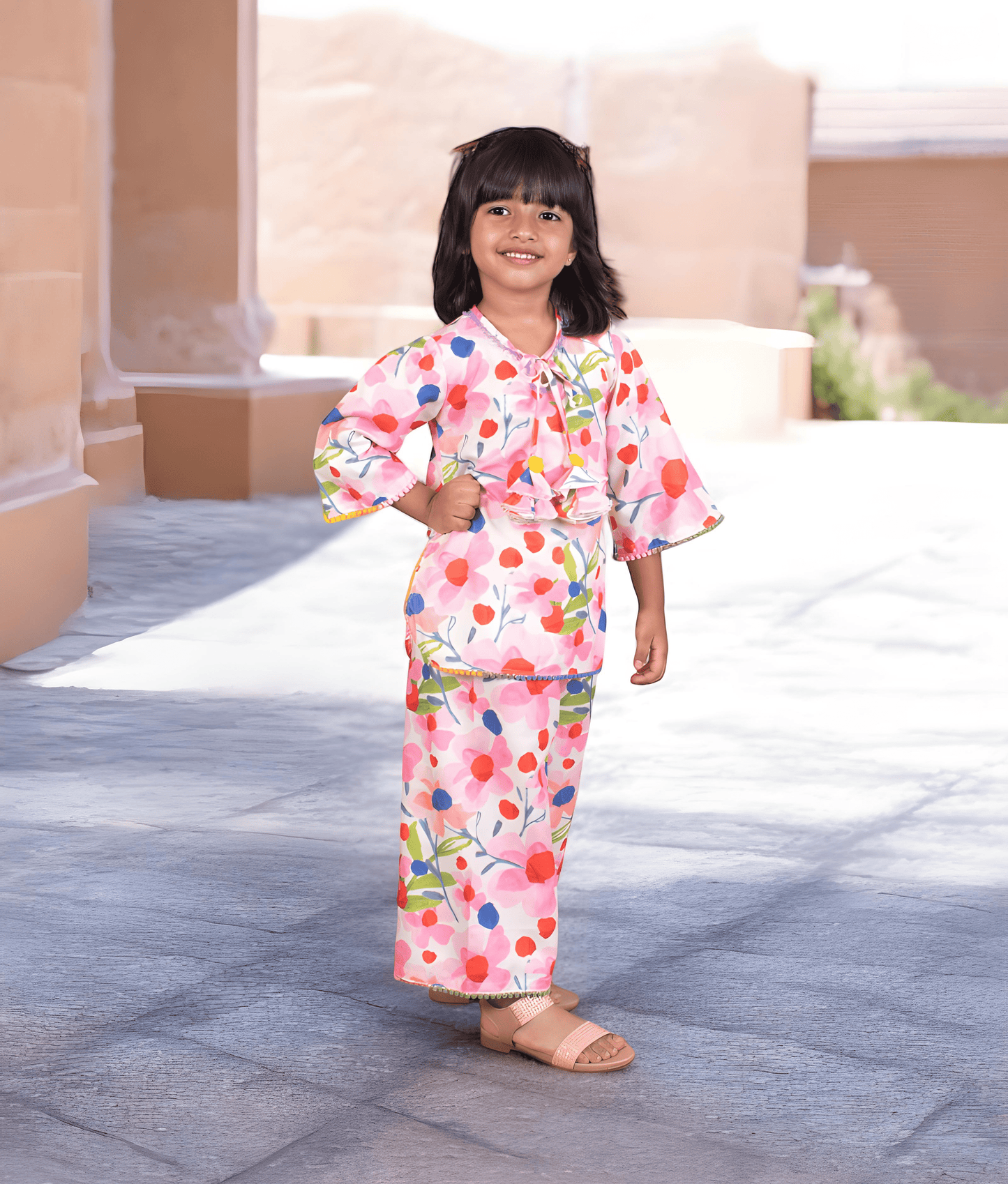 Pret Pink Floral Printed Kurti with Pants for Girls
