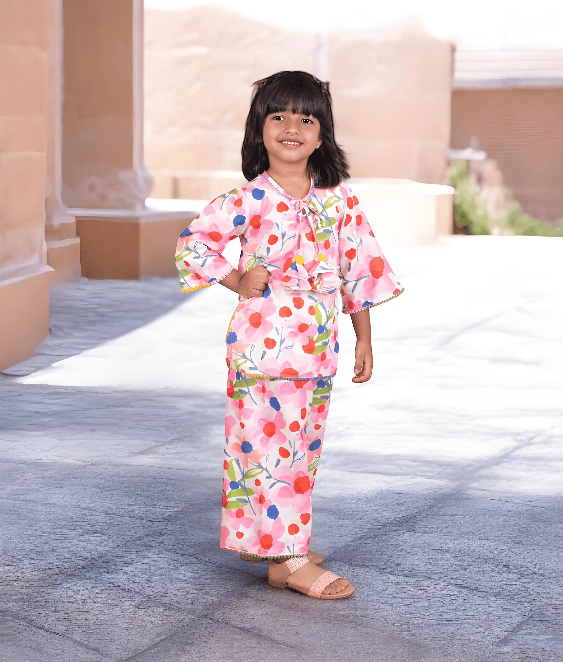Pret Pink Floral Printed Kurti with Pants for Girls