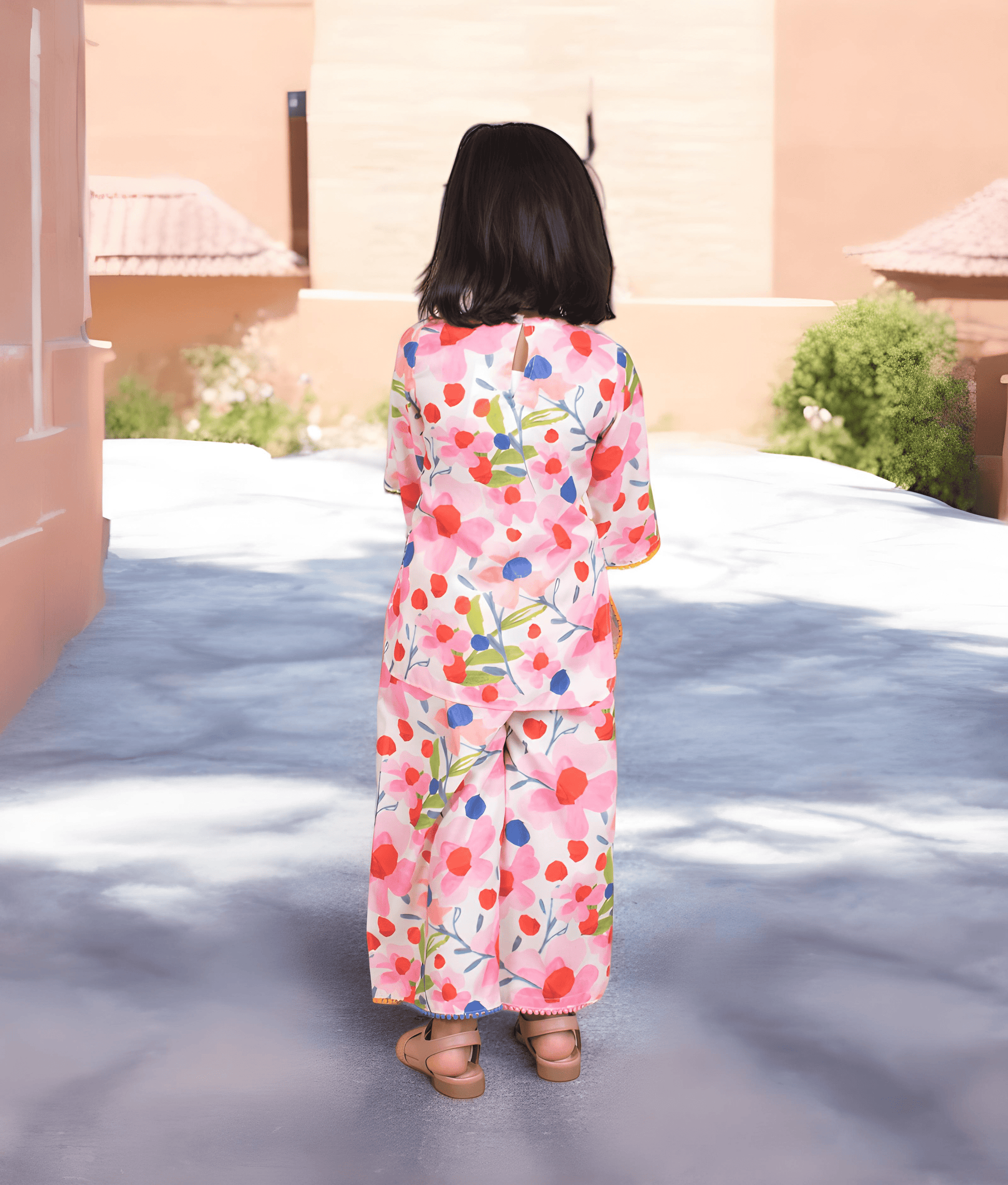 Pret Pink Floral Printed Kurti with Pants for Girls