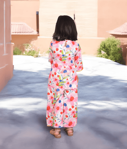 Pret Pink Floral Printed Kurti with Pants for Girls