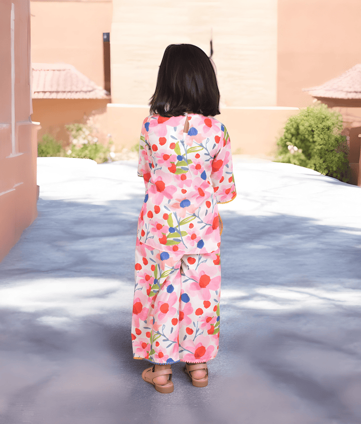 Pret Pink Floral Printed Kurti with Pants for Girls