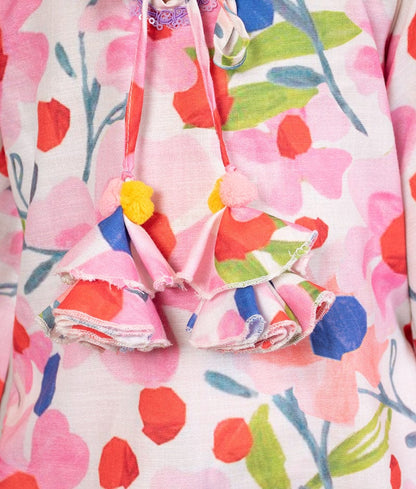 Pret Pink Floral Printed Kurti with Pants for Girls