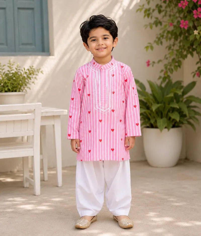 Pret Pink Hearts & Stripe Printed Kurta with Salwar