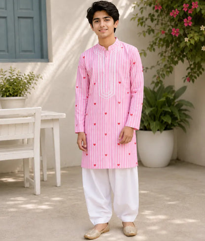 Pink Hearts & Stripe Printed Kurta with Salwar - Pret Pink Hearts & Stripe Printed Kurta with Salwar