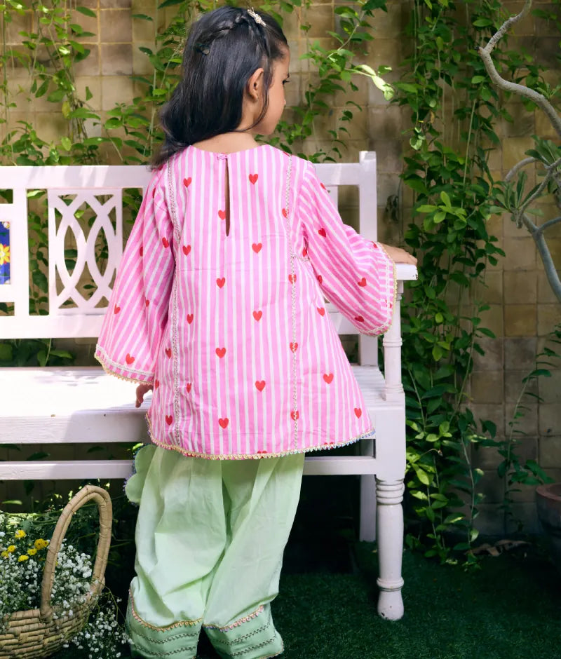 Pret Pink Hearts & Stripe Printed Kurti with Green Farshi Salwar
