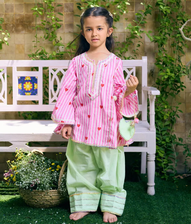 Pret Pink Hearts & Stripe Printed Kurti with Green Farshi Salwar