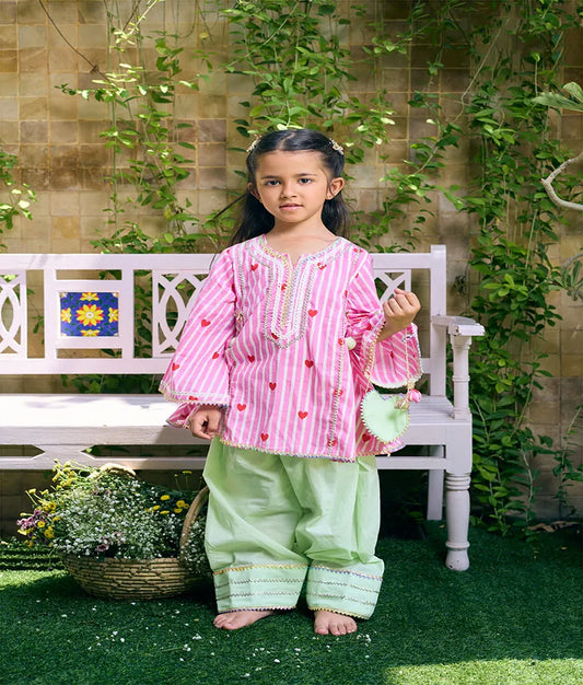 Pret Pink Hearts & Stripe Printed Kurti with Green Farshi Salwar