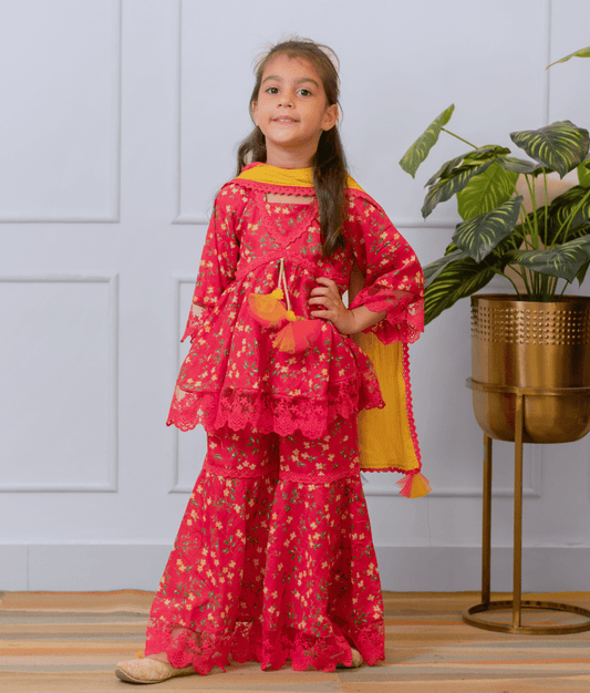 Pret Pink Printed Kurti Sharara Set