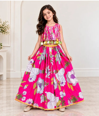 Pink Tassel Top with Printed Lehenga - Pret Pink Tassel Top with Printed Lehenga