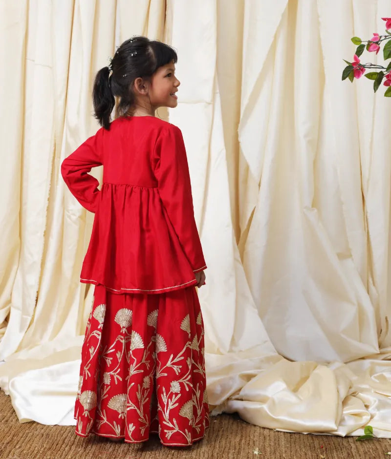 Pret Red Gota Tulip Embroidered Long Choli Lehenga Set