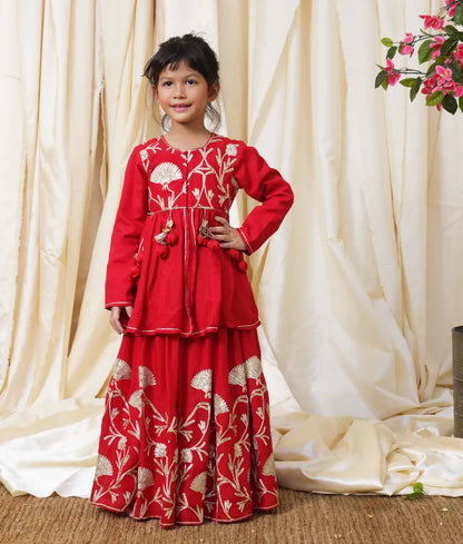 Pret Red Gota Tulip Embroidered Long Choli Lehenga Set