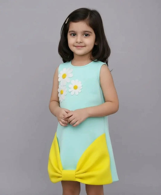 Pret Sea Green Lemon Yellow Lycra Dress for Girls
