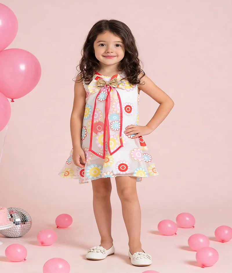 Pret White Flower Printed Organza Dress