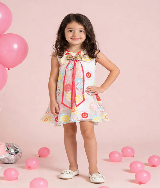 Pret White Flower Printed Organza Dress