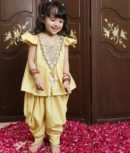 Yellow Bandhej Kurti with Dhoti - Pret Yellow Bandhej Kurti with Dhoti