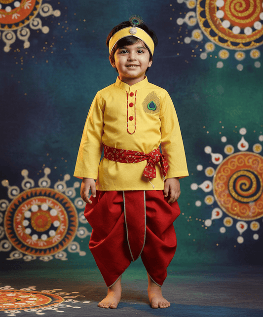Pret Yellow Cotton Silk Kurta with Red Dhoti for Boys