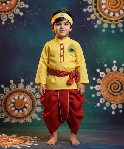 Pret Yellow Cotton Silk Kurta with Red Dhoti for Boys