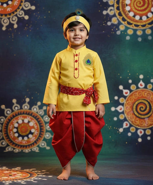 Pret Yellow Cotton Silk Kurta with Red Dhoti for Boys