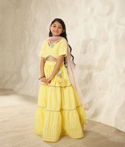 Pret Yellow Faux Mukaish work Top and Skirt