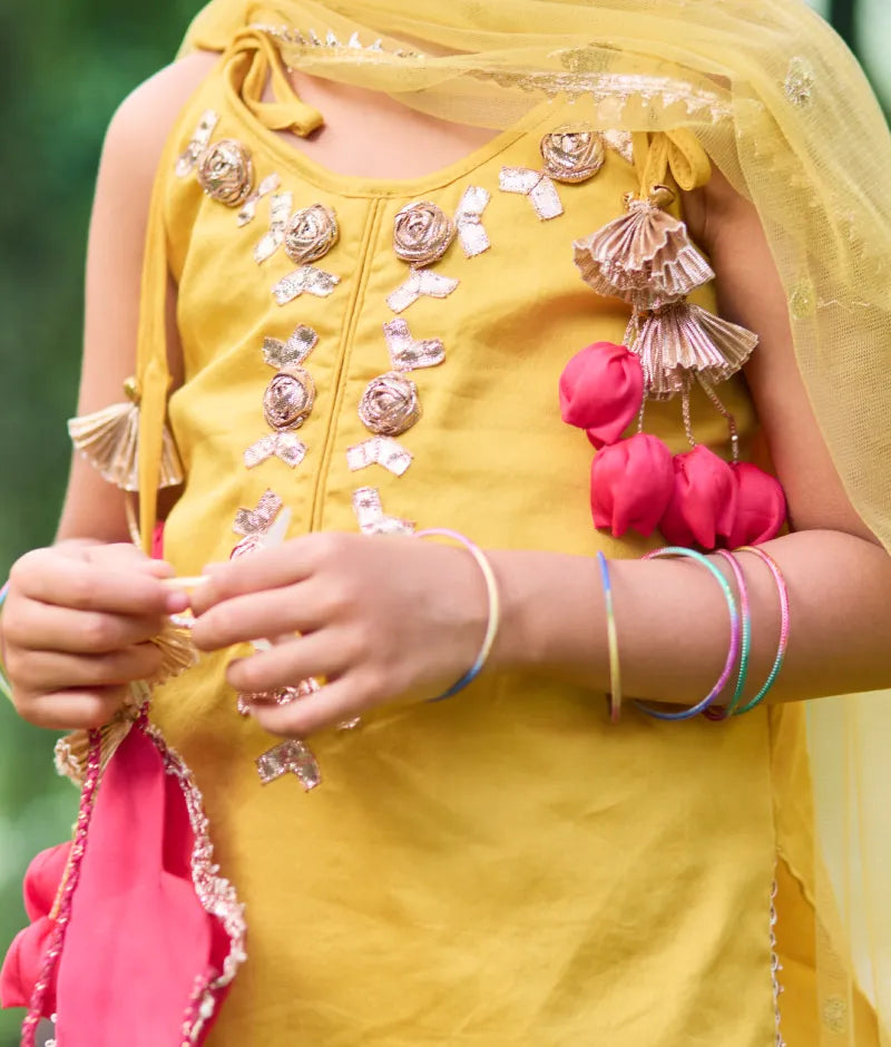 Pret Yellow Gota tulip Kurti with Farshi Salwar