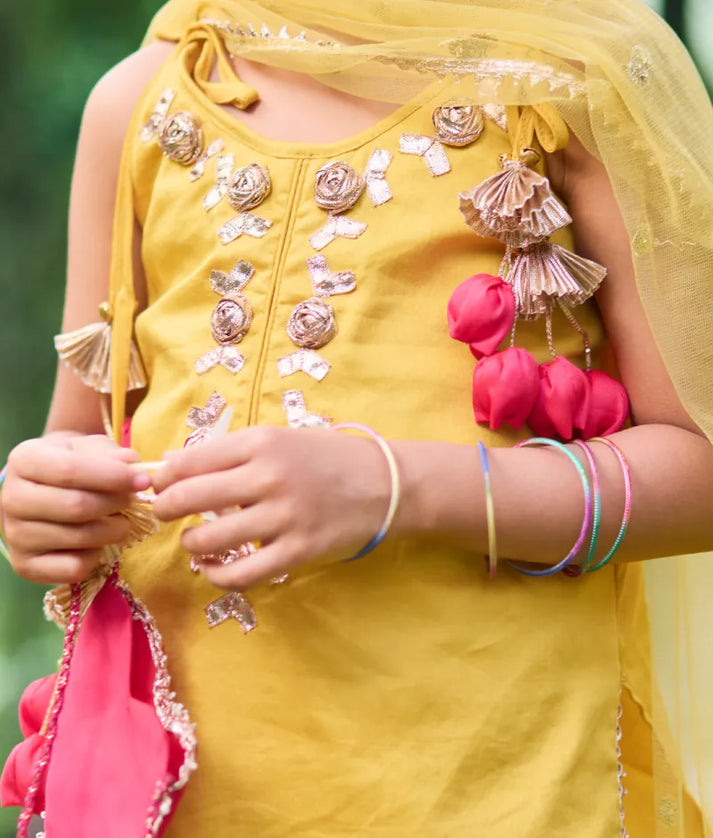 Pret Yellow Gota tulip Kurti with Farshi Salwar