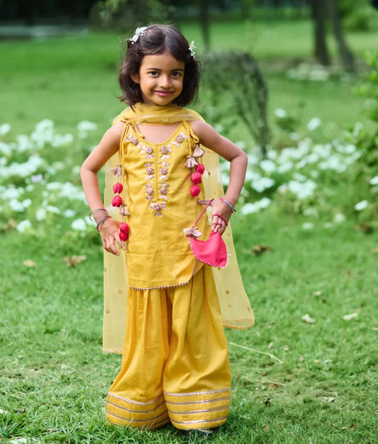 Pret Yellow Gota tulip Kurti with Farshi Salwar