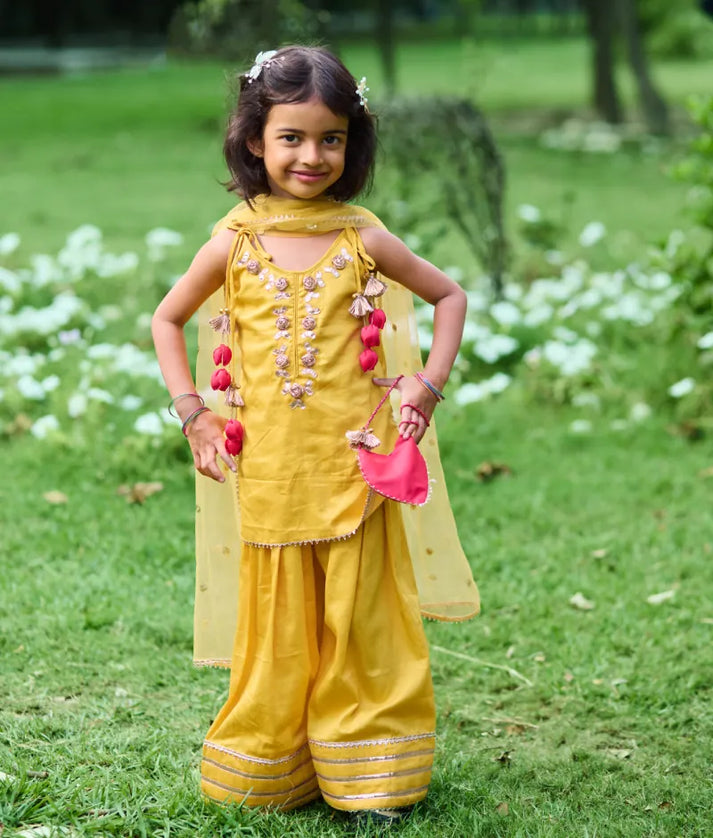 Pret Yellow Gota tulip Kurti with Farshi Salwar