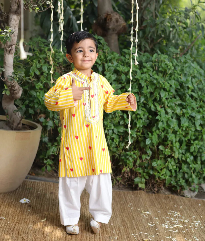 Pret Yellow Hearts & Stripe Printed Kurta with Salwar