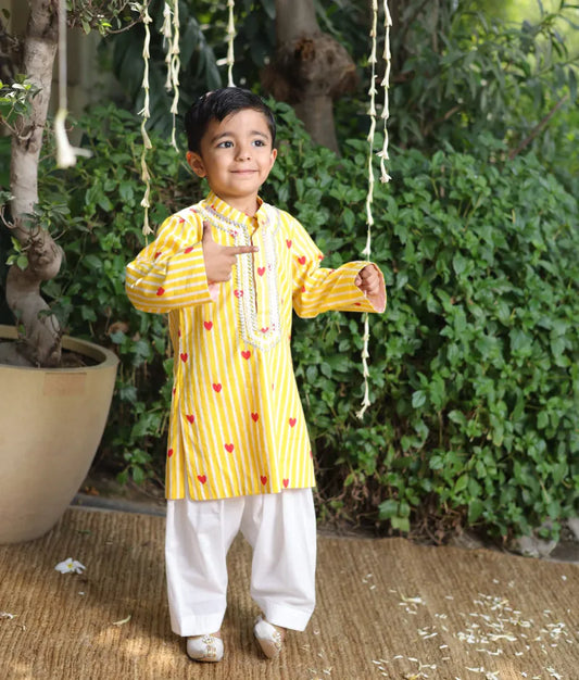 Pret Yellow Hearts & Stripe Printed Kurta with Salwar