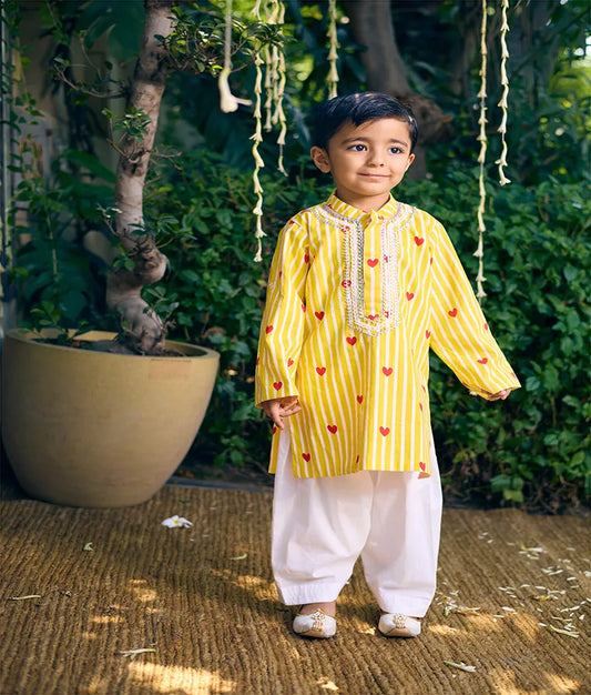 Pret Yellow Hearts & Stripe Printed Kurta with Salwar