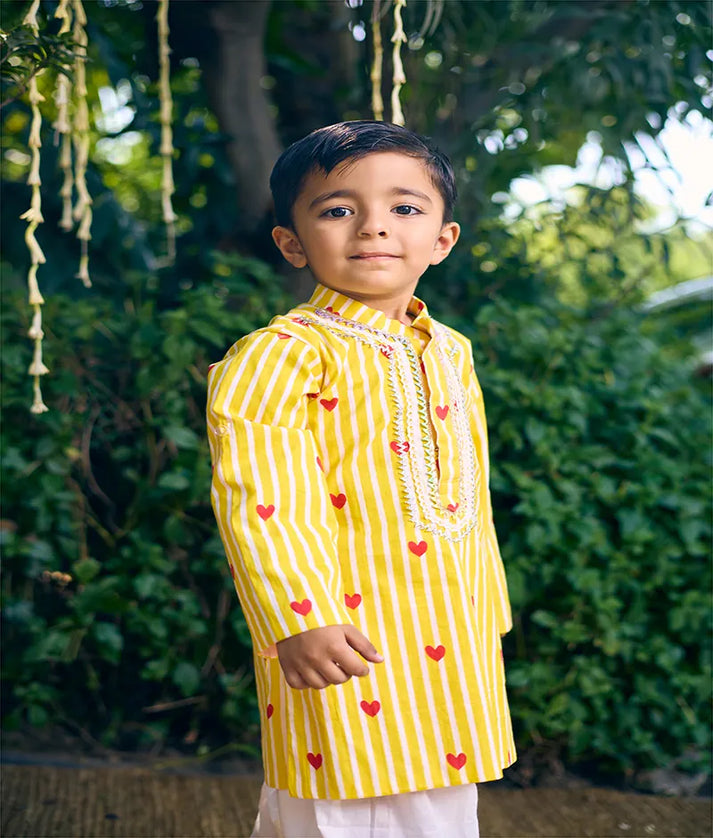 Pret Yellow Hearts & Stripe Printed Kurta with Salwar