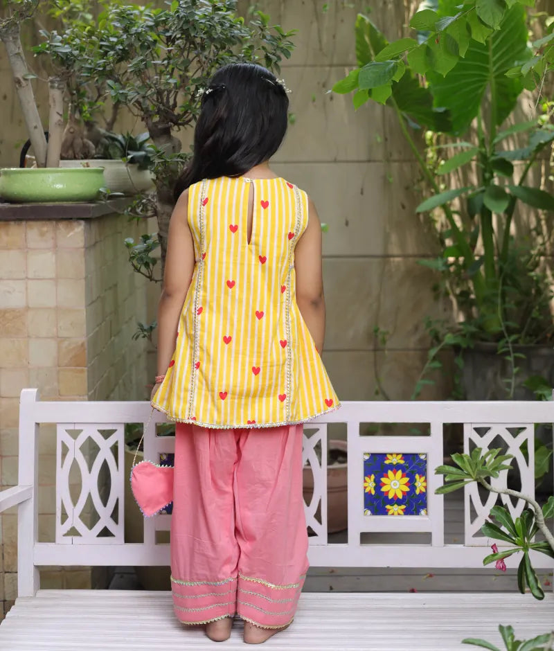 Pret Yellow Hearts & Stripe Printed Kurti with Coral Farshi Salwar