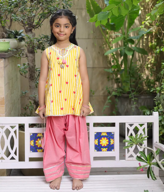 Pret Yellow Hearts & Stripe Printed Kurti with Coral Farshi Salwar