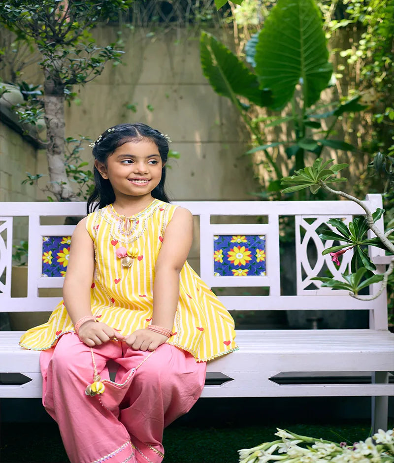 Pret Yellow Hearts & Stripe Printed Kurti with Coral Farshi Salwar