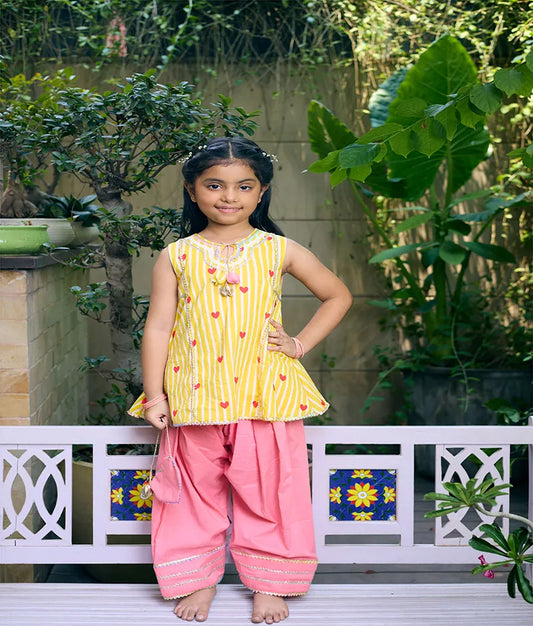 Pret Yellow Hearts & Stripe Printed Kurti with Coral Farshi Salwar